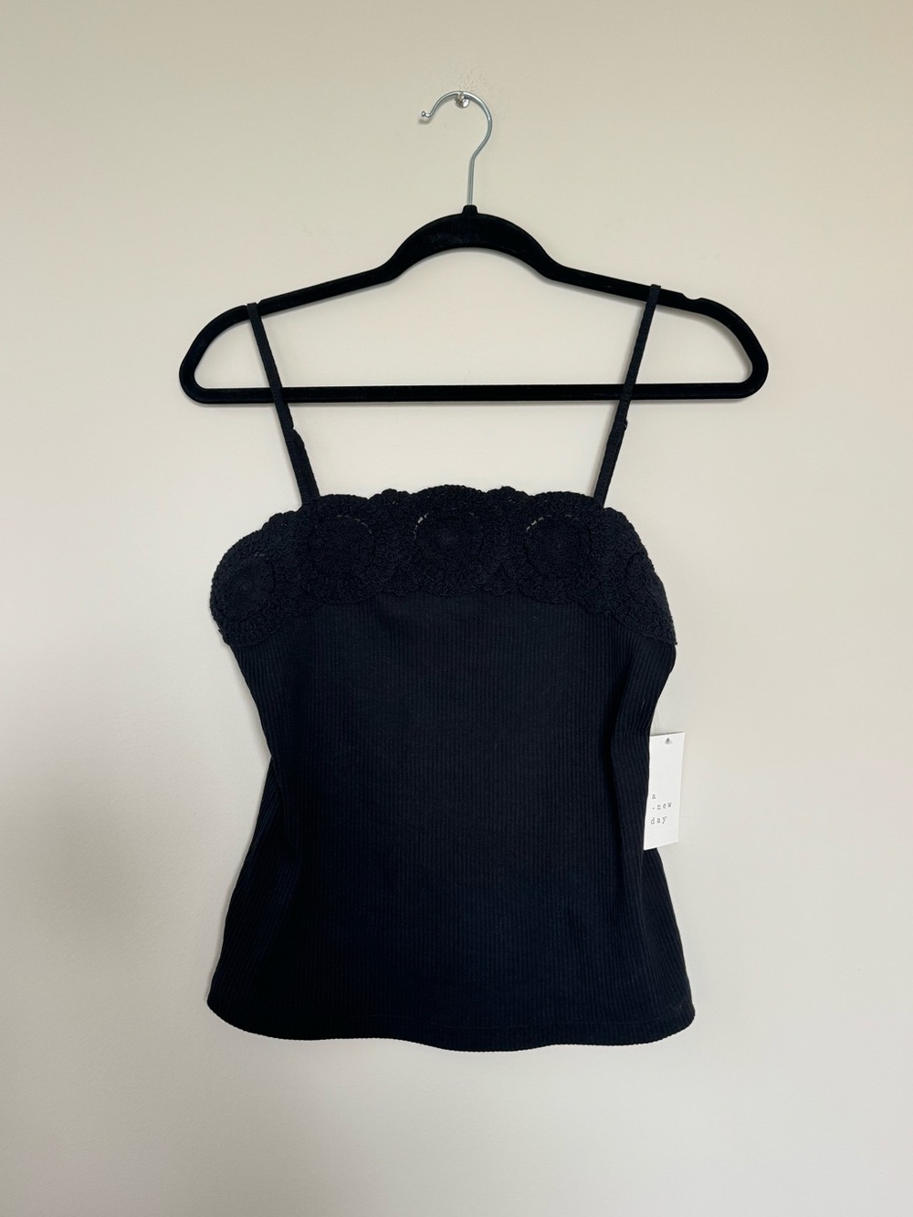 Black Crochet Lace-Trim Ribbed Cami Top